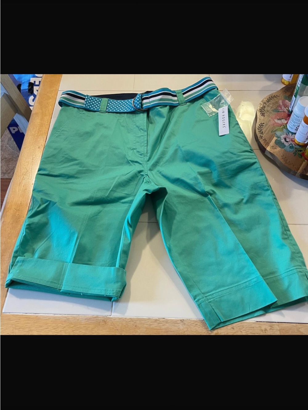 **2 pair for $12** Kim Rogers 4 Pocket Green Shorts with Navy Waistband NWT